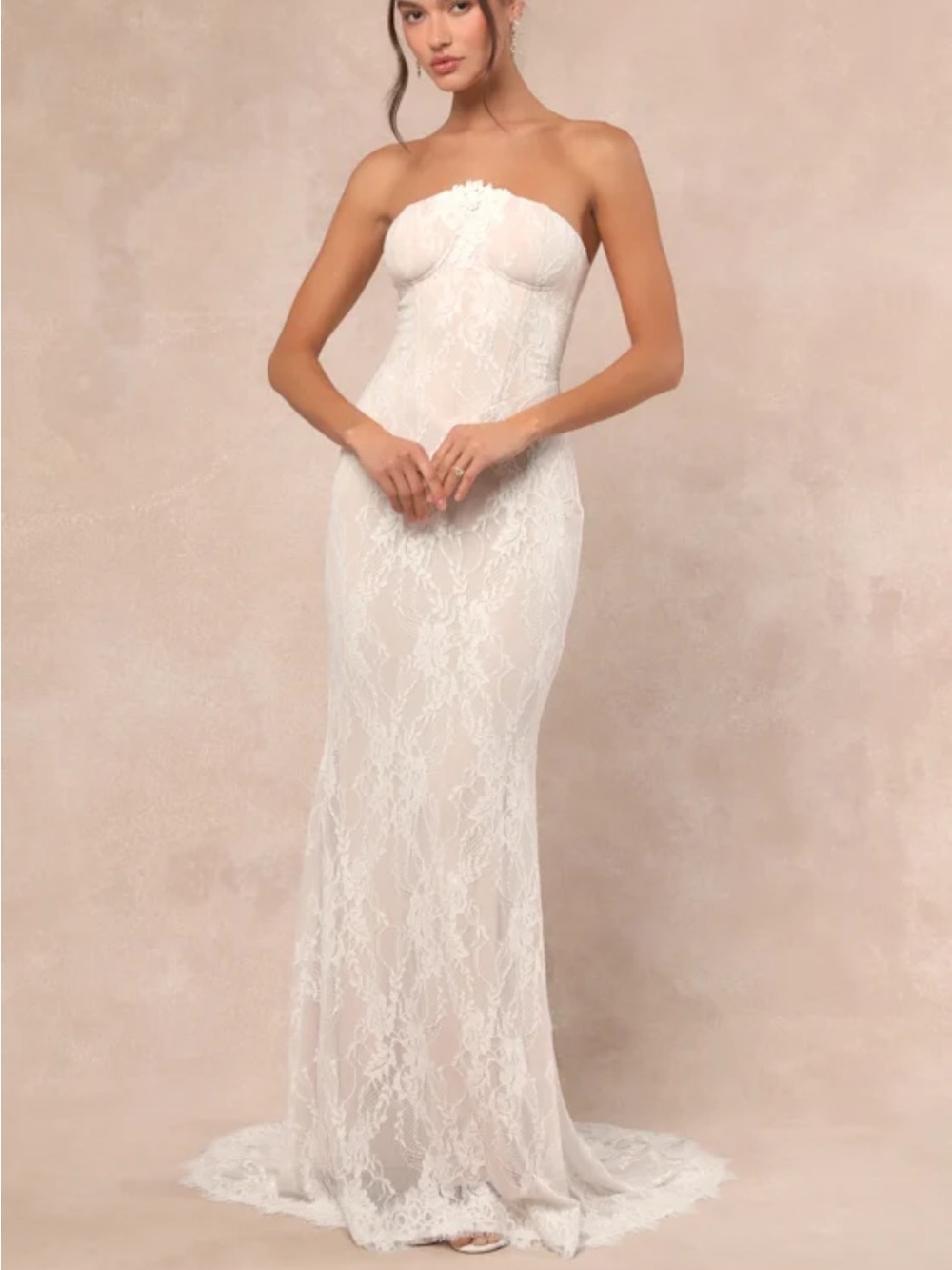Lulus Valeria White Lace Strapless Bustier Maxi Dress